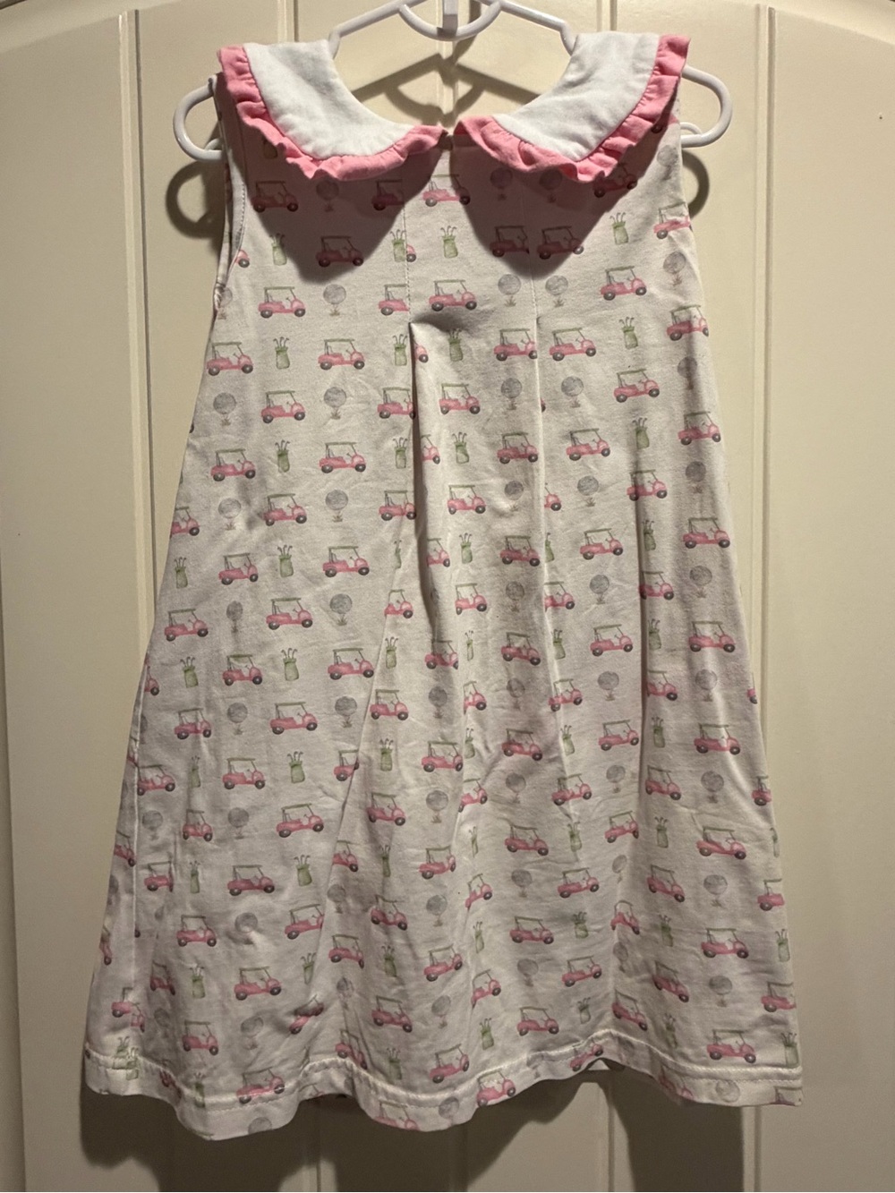 Girls' White & Pink Sleeveless Golf Cart Print Dress with Ruffle Collar 4T